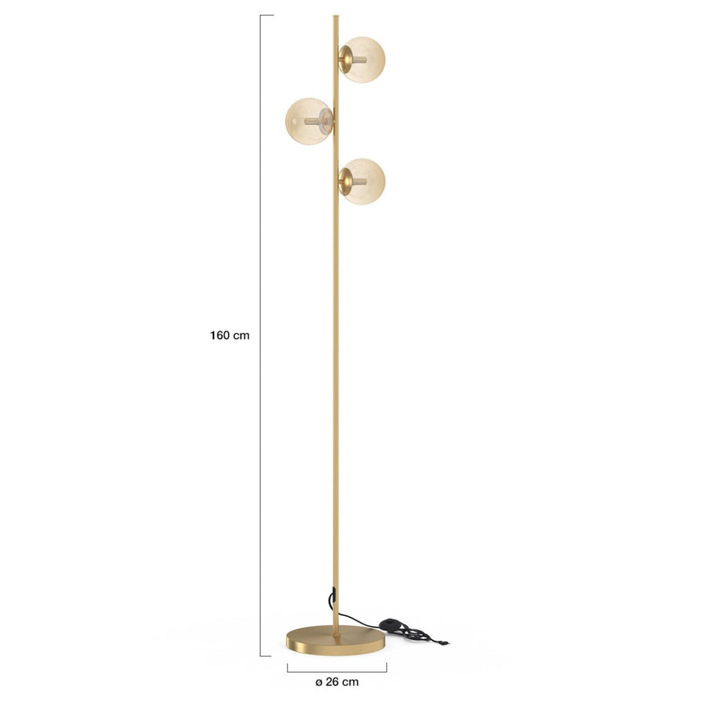 Lampadaire sur pied en métal doré avec 3 abat-jours globe verre