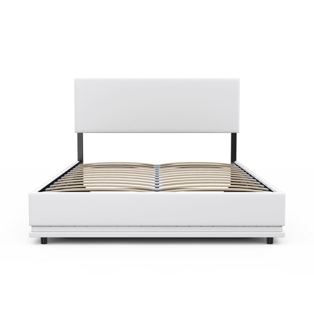 Lit coffre double OWEN avec LED intégrées + tête de lit et sommier 140 x 190 cm PVC blanc