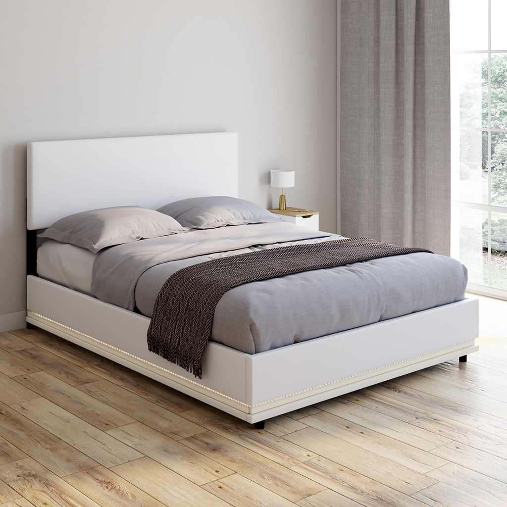Lit coffre double OWEN avec LED intégrées + tête de lit et sommier 140 x 190 cm PVC blanc