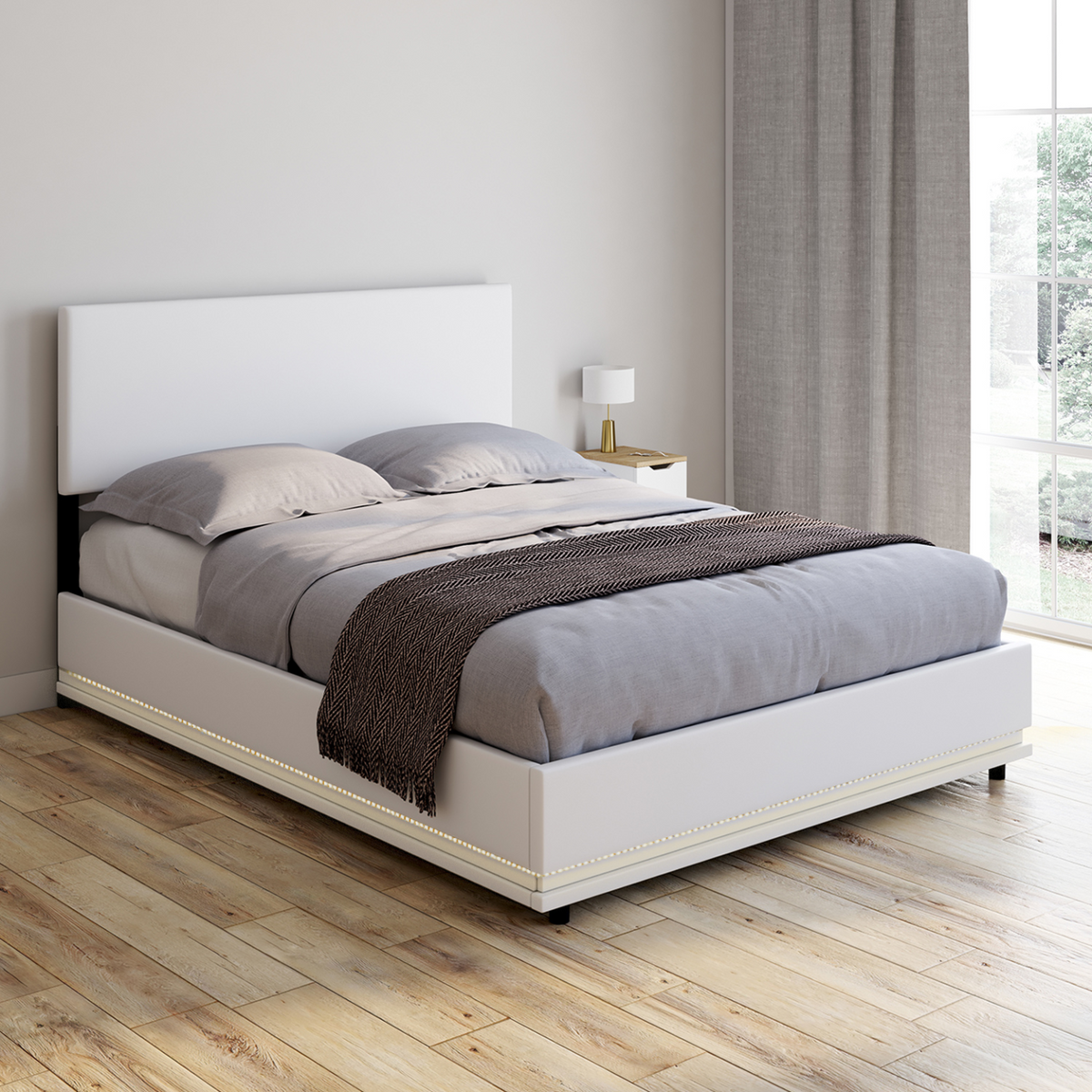 Lit coffre double OWEN avec LED intégrées + tête de lit et sommier 140 x 190 cm PVC blanc