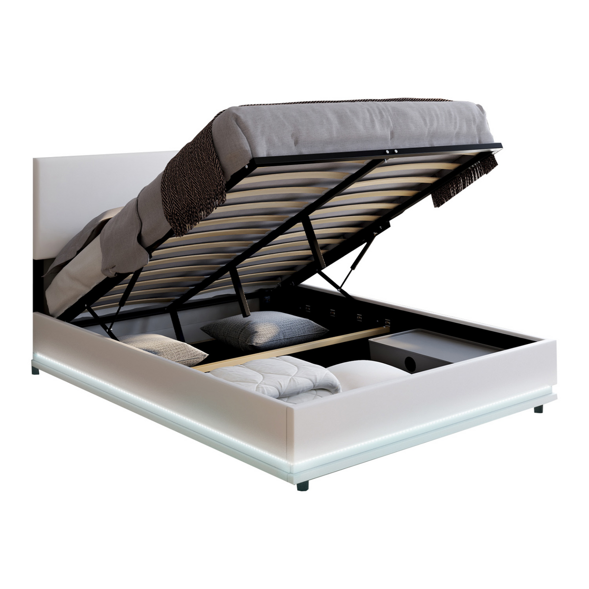 Lit coffre double OWEN avec LED intégrées + tête de lit et sommier 140 x 190 cm PVC blanc