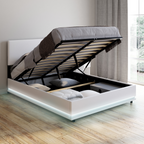 Lit coffre double OWEN avec LED intégrées + tête de lit et sommier 140 x 190 cm PVC blanc