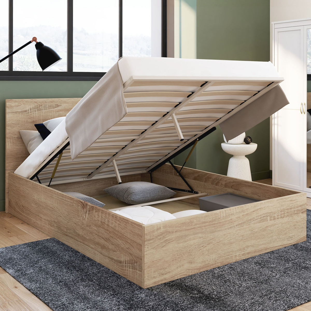 Lit coffre double SEASIDE avec tête de lit et sommier 140x190 cm façon hêtre