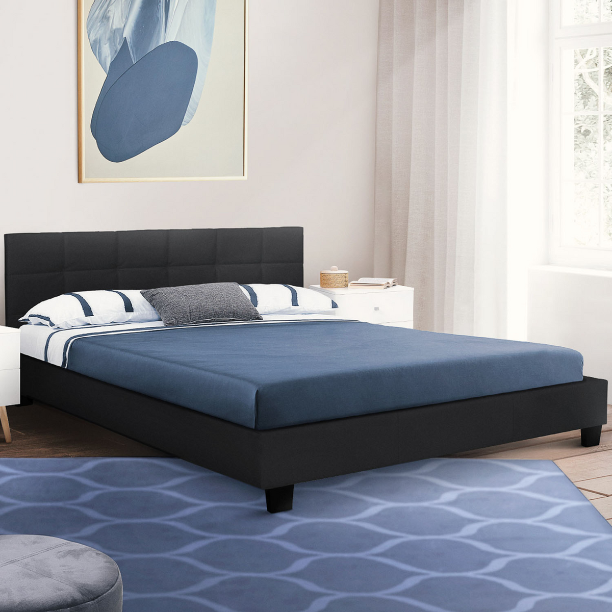Lit double CHARLOTTE avec tête de lit et sommier 140 x 190 cm PVC noir
