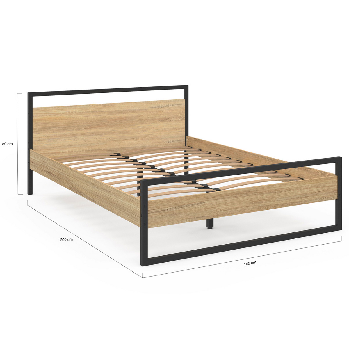 Lit double industriel DETROIT avec tête de lit et sommier 140 x 190 cm bois et métal noir