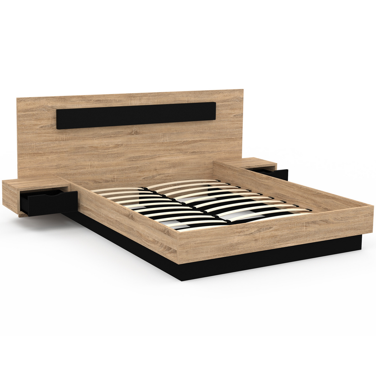 Lit double SANTA avec tête de lit + tables de chevet intégrées et sommier 140 x 190 cm bois et noir
