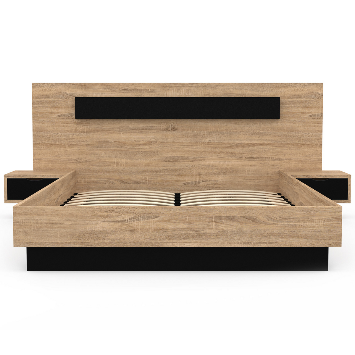Lit double SANTA avec tête de lit + tables de chevet intégrées et sommier 140 x 190 cm bois et noir
