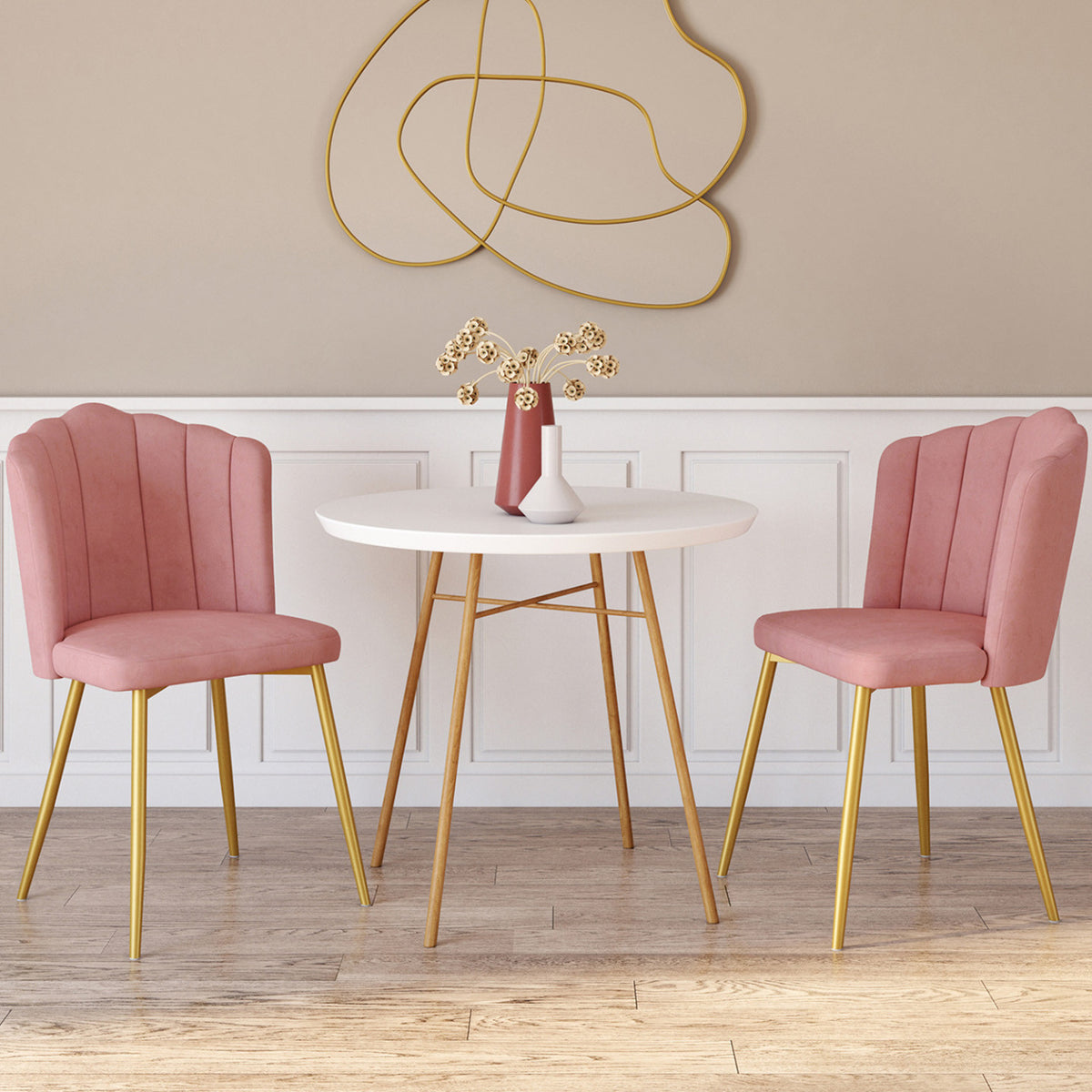Lot de 2 chaises coquillage ADELLA rose en velours pieds dorés