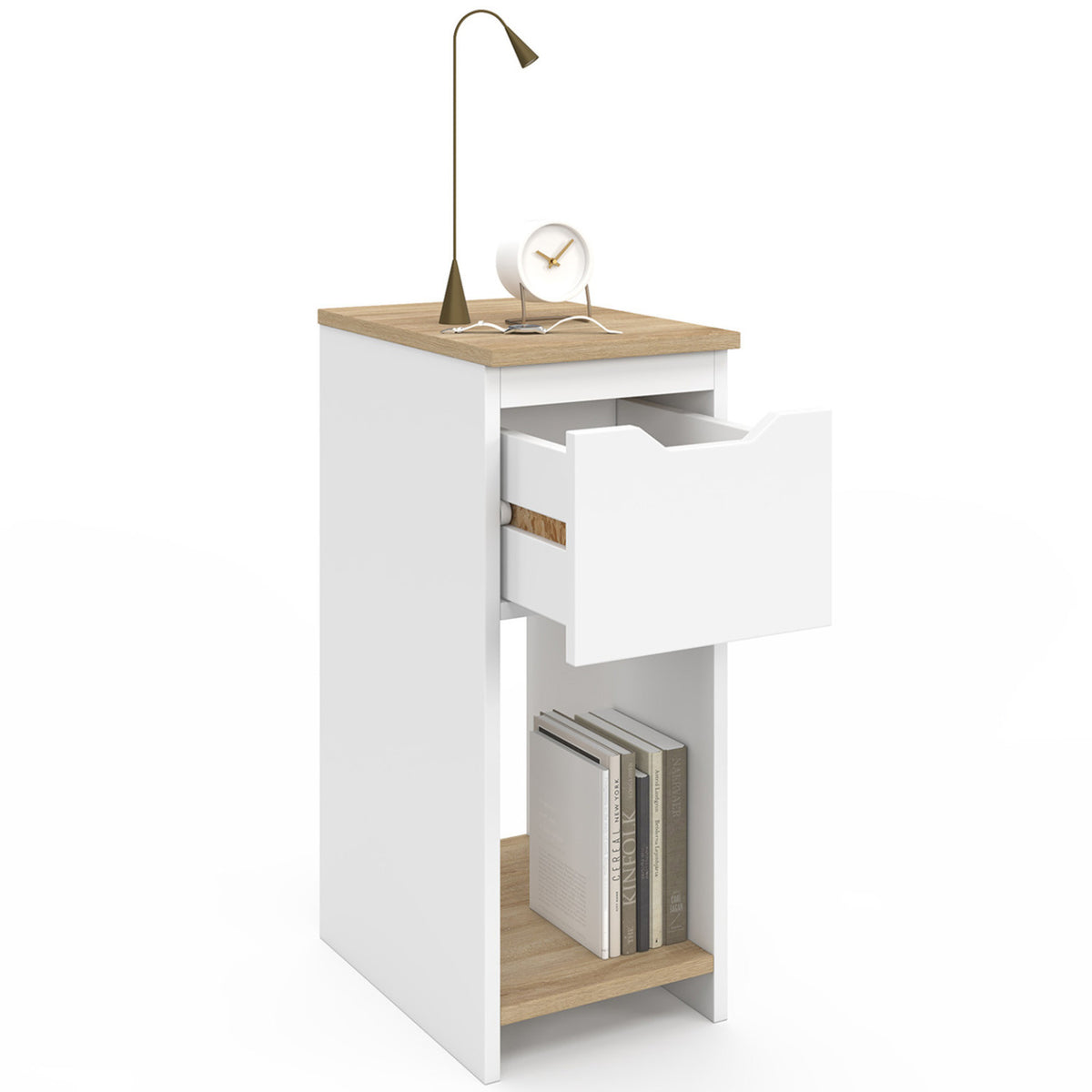Lot de 2 tables de chevet étroites ANOUK 1 tiroir avec niche blanc et bois