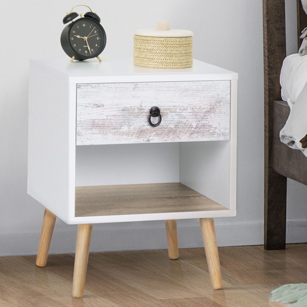 Lot de 2 tables de chevet BAHIA 1 tiroir avec niche scandinave