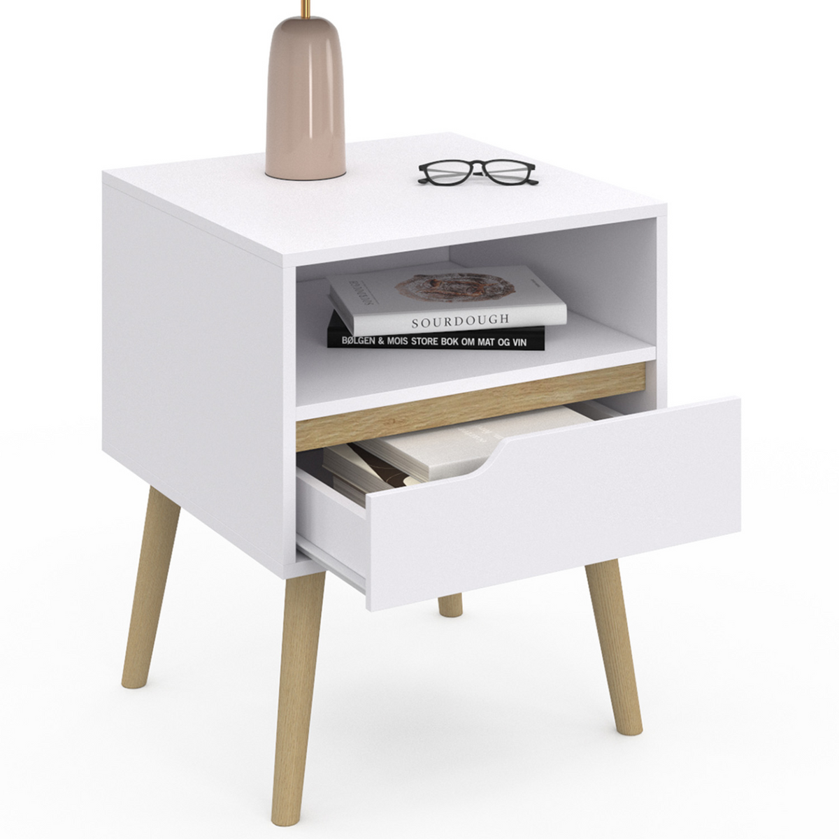 Lot de 2 tables de chevet HELSINKI scandinaves 1 tiroir avec niche blanc