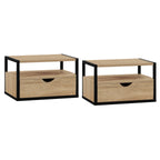 Lot de 2 tables de chevet murales DETROIT 1 tiroir + 1 tablette suspendus bois et métal noir design industriel