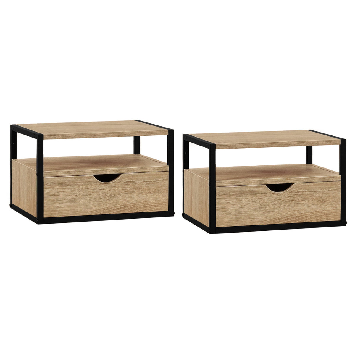 Lot de 2 tables de chevet murales DETROIT 1 tiroir + 1 tablette suspendus bois et métal noir design industriel