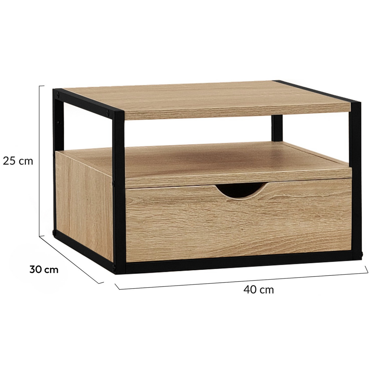 Lot de 2 tables de chevet murales DETROIT 1 tiroir + 1 tablette suspendus bois et métal noir design industriel