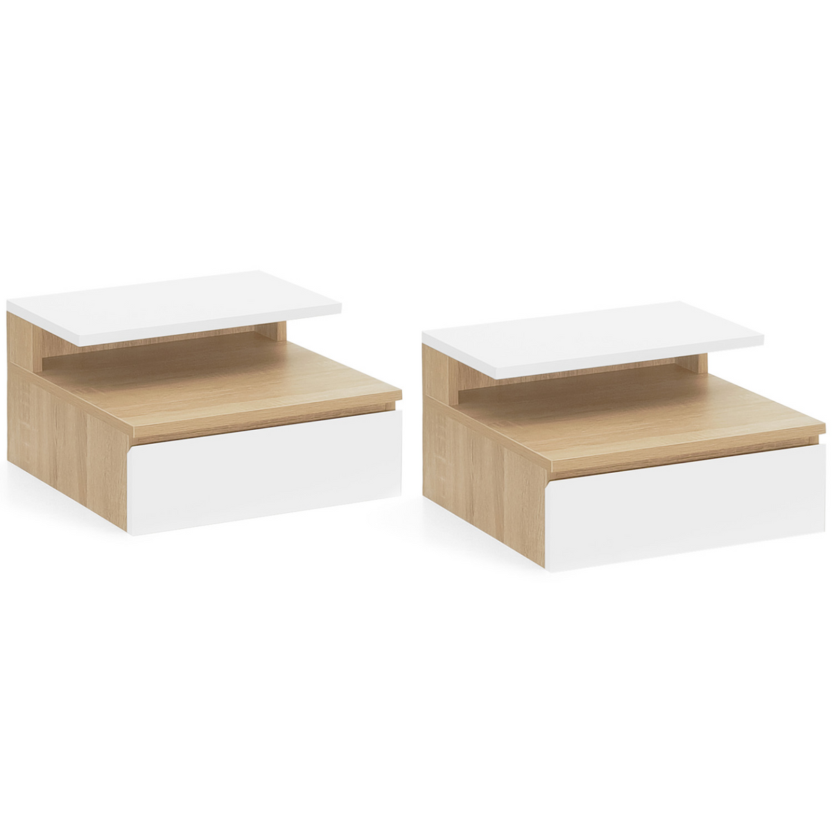 Lot de 2 tables de chevet murales TOMI 1 tiroir + 1 tablette étagère suspendue + 1 tablette façon hêtre et blanc