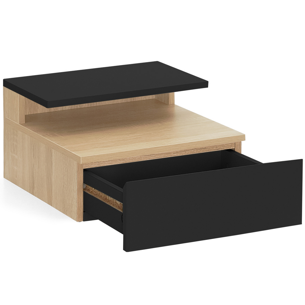 Lot de 2 tables de chevet murales TOMI 1 tiroir + 1 tablette étagère suspendue + 1 tablette façon hêtre et noir