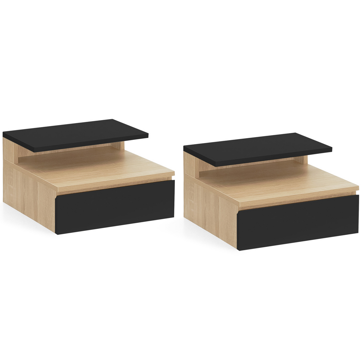 Lot de 2 tables de chevet murales TOMI 1 tiroir + 1 tablette étagère suspendue + 1 tablette façon hêtre et noir