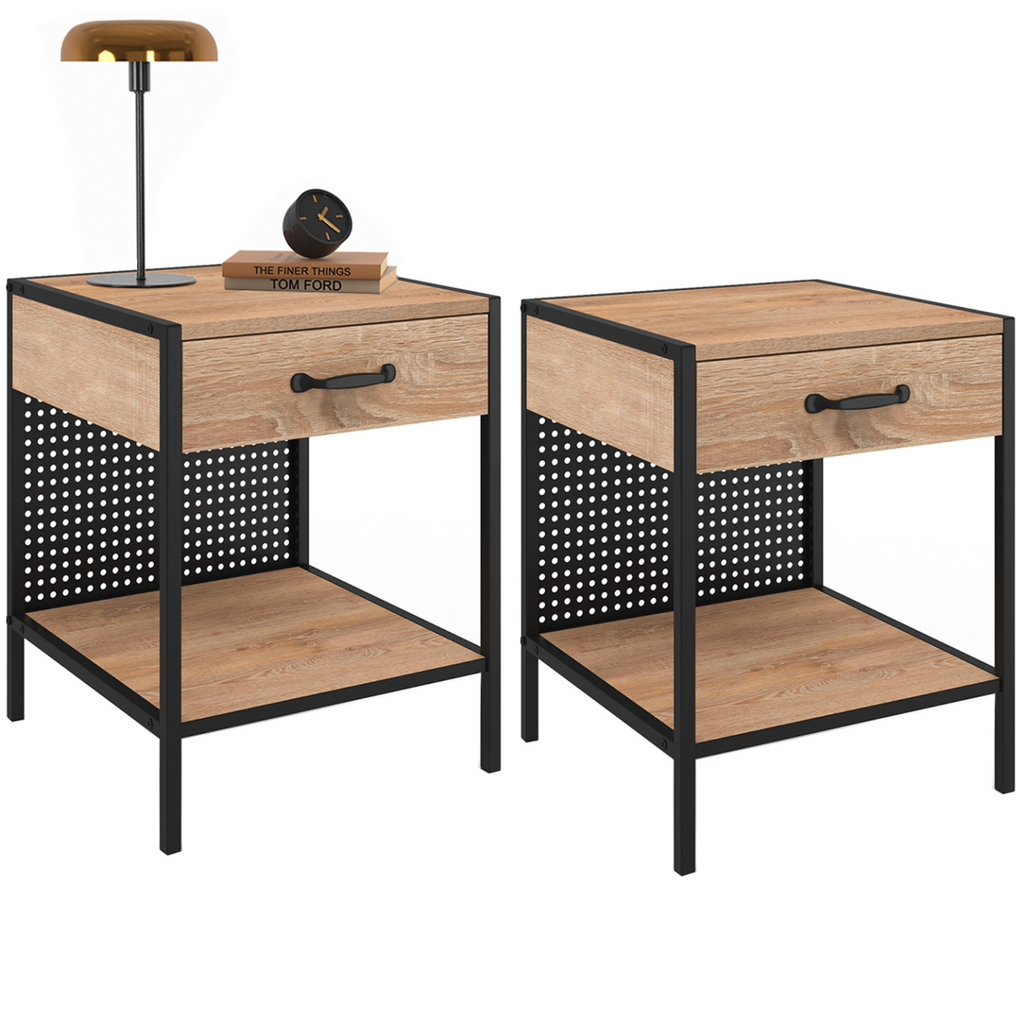 Lot de 2 tables de chevet PRESTON 1 tiroir avec tablette acier perforé design industriel