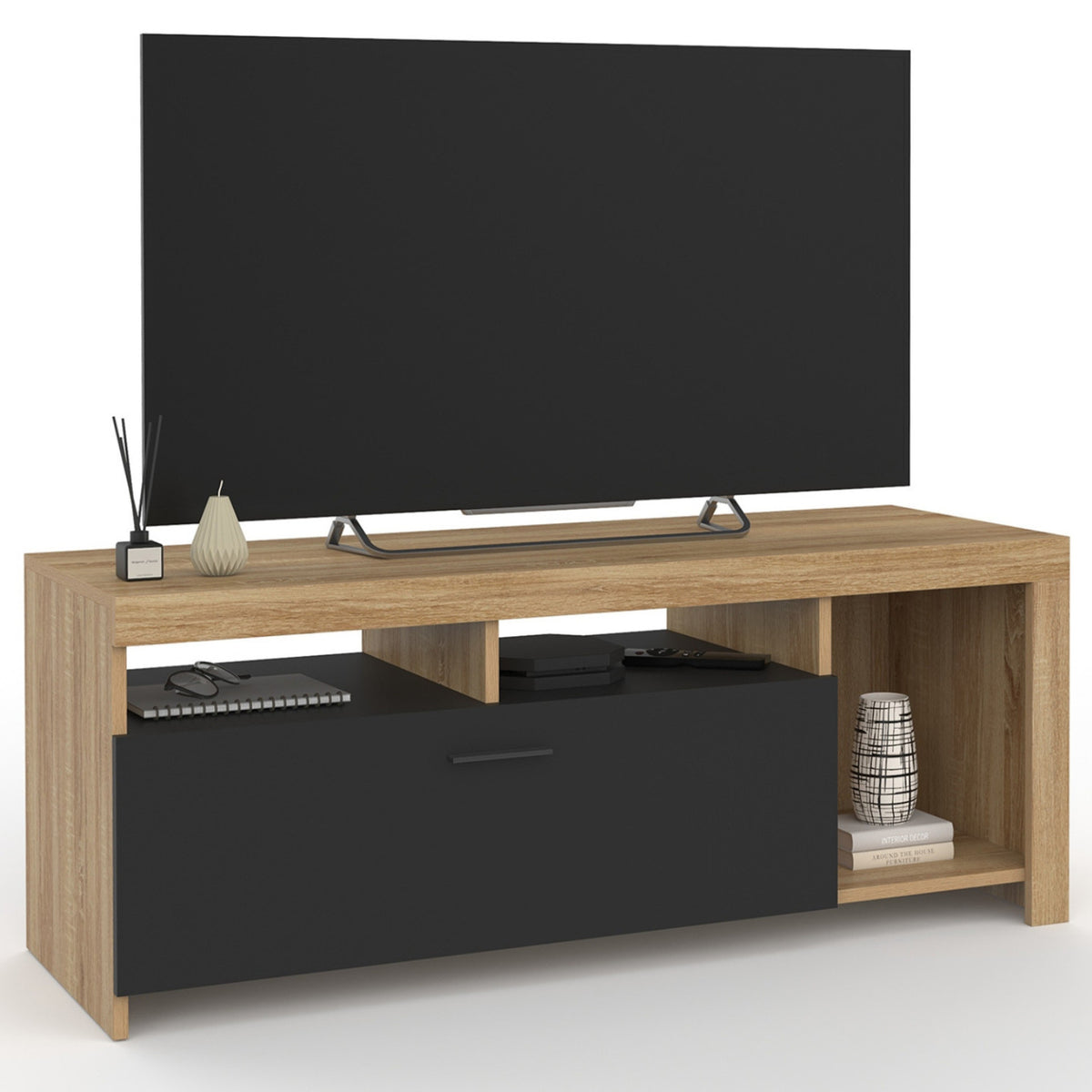 Meuble TV 110 cm MALO bois et placard noir