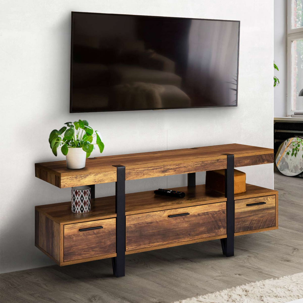 Meuble TV 113 cm AUSTRIA avec tiroirs bois pieds épingle