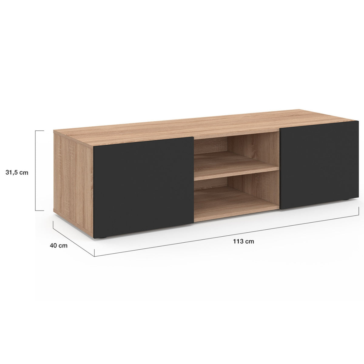 Meuble TV 113 cm ELI bois façon hêtre portes noires