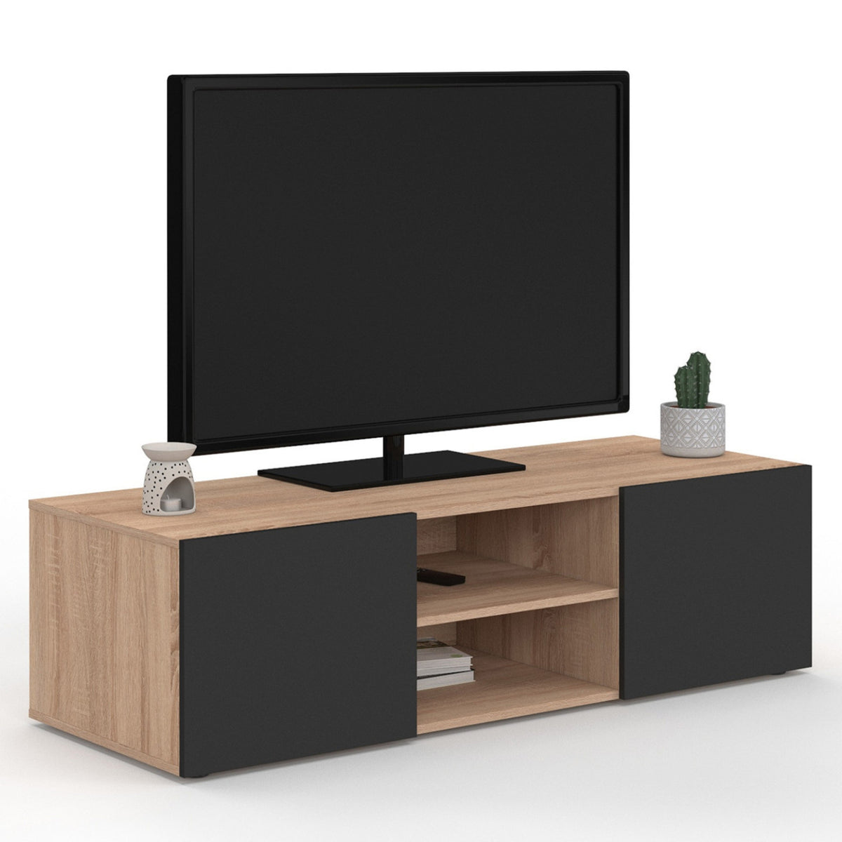 Meuble TV 113 cm ELI bois façon hêtre portes noires