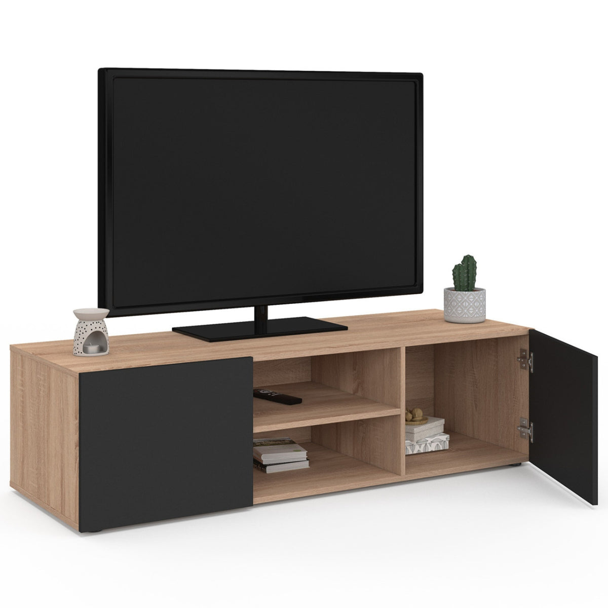 Meuble TV 113 cm ELI bois façon hêtre portes noires