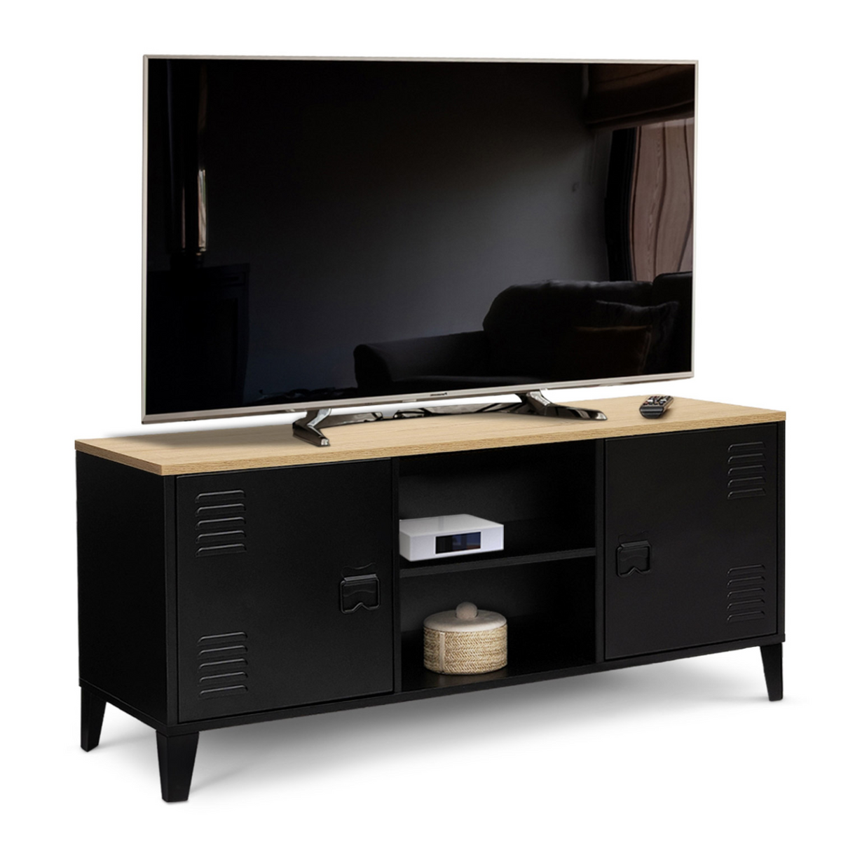 Meuble TV 113 cm ESTER 2 portes métal noir et plateau bois design industriel