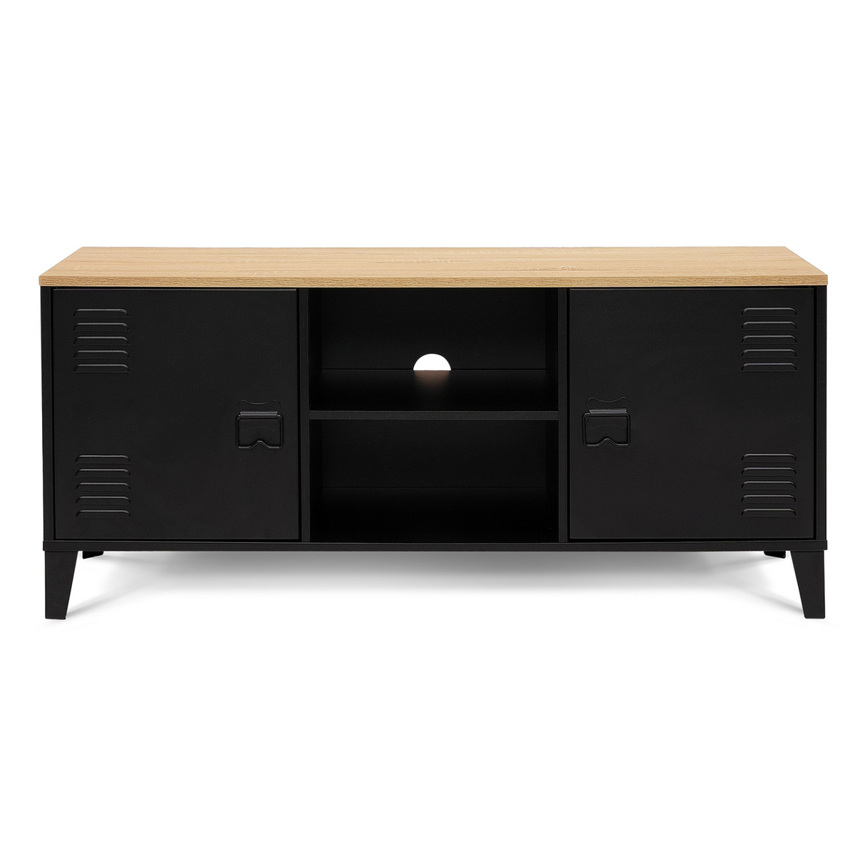 Meuble TV 113 cm ESTER 2 portes métal noir et plateau bois design industriel