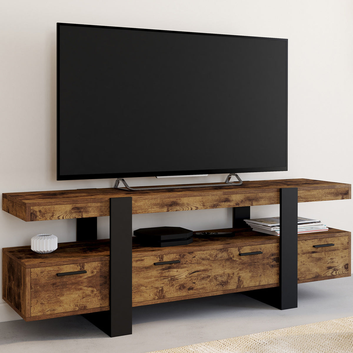 Meuble TV 140 cm PHOENIX avec tiroirs bois effet vieilli et noir