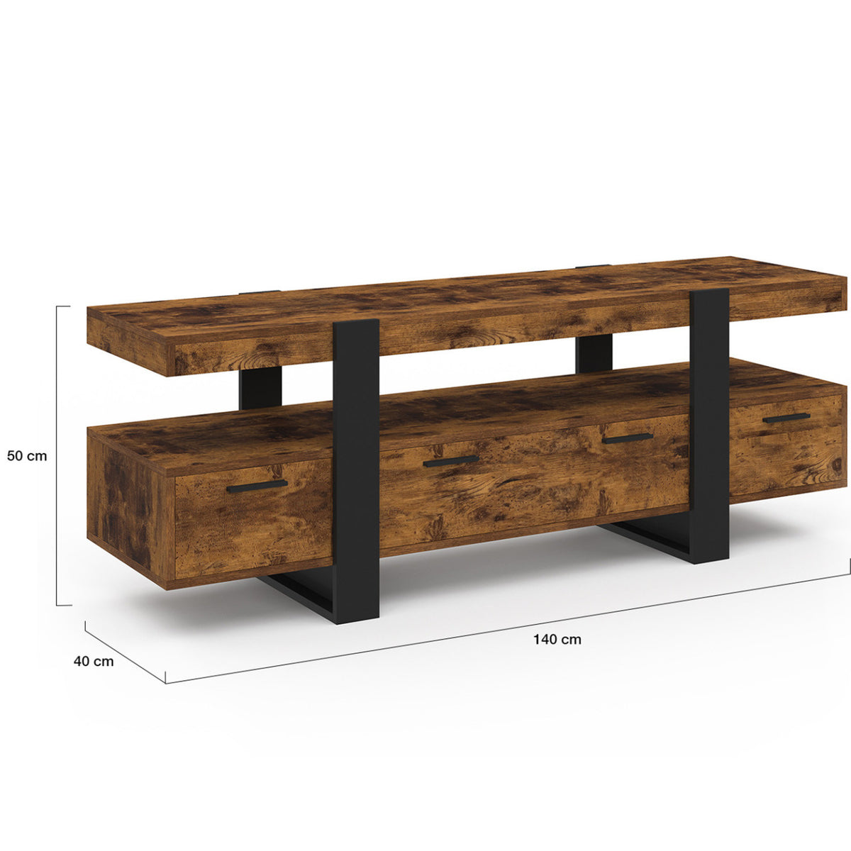 Meuble TV 140 cm PHOENIX avec tiroirs bois effet vieilli et noir