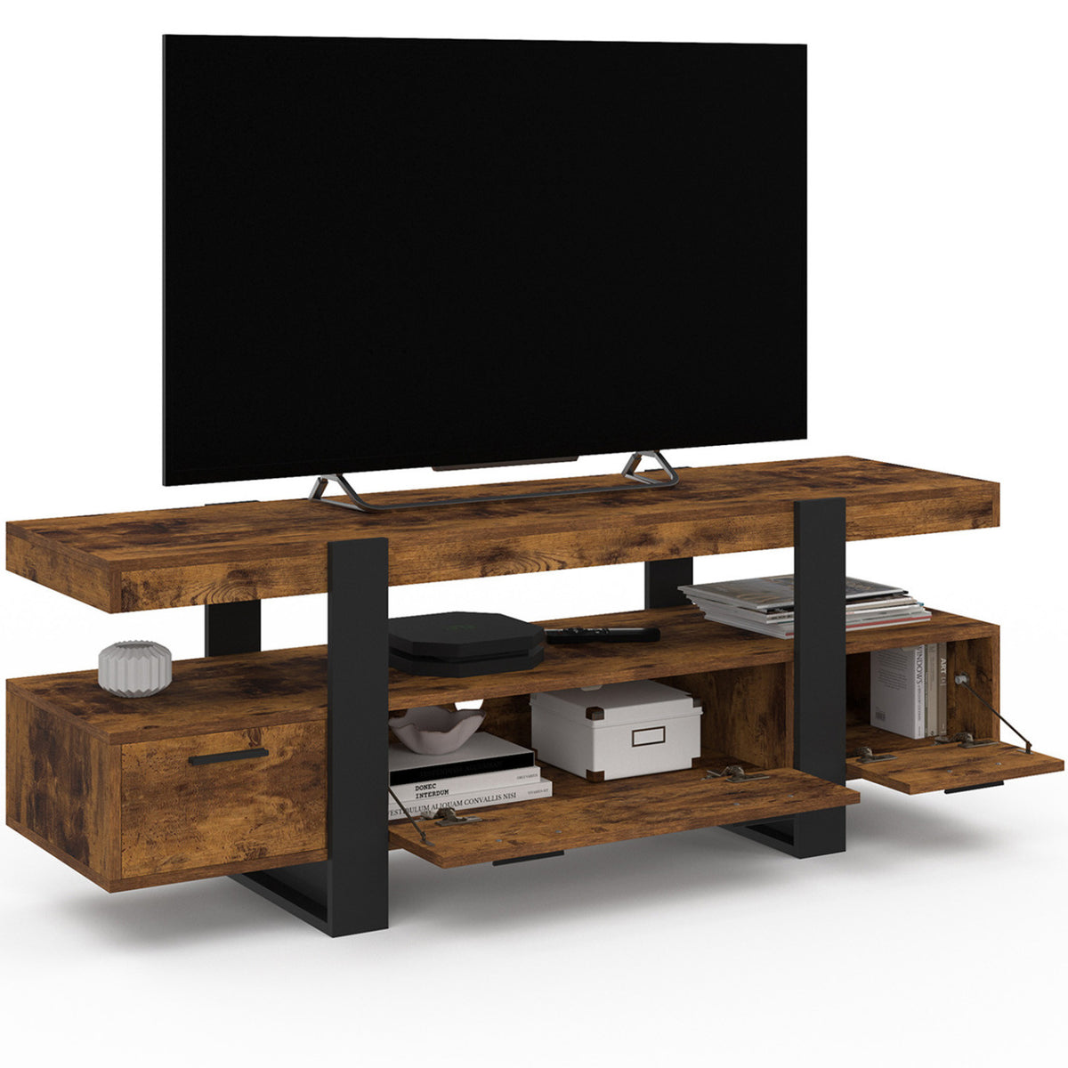 Meuble TV 140 cm PHOENIX avec tiroirs bois effet vieilli et noir