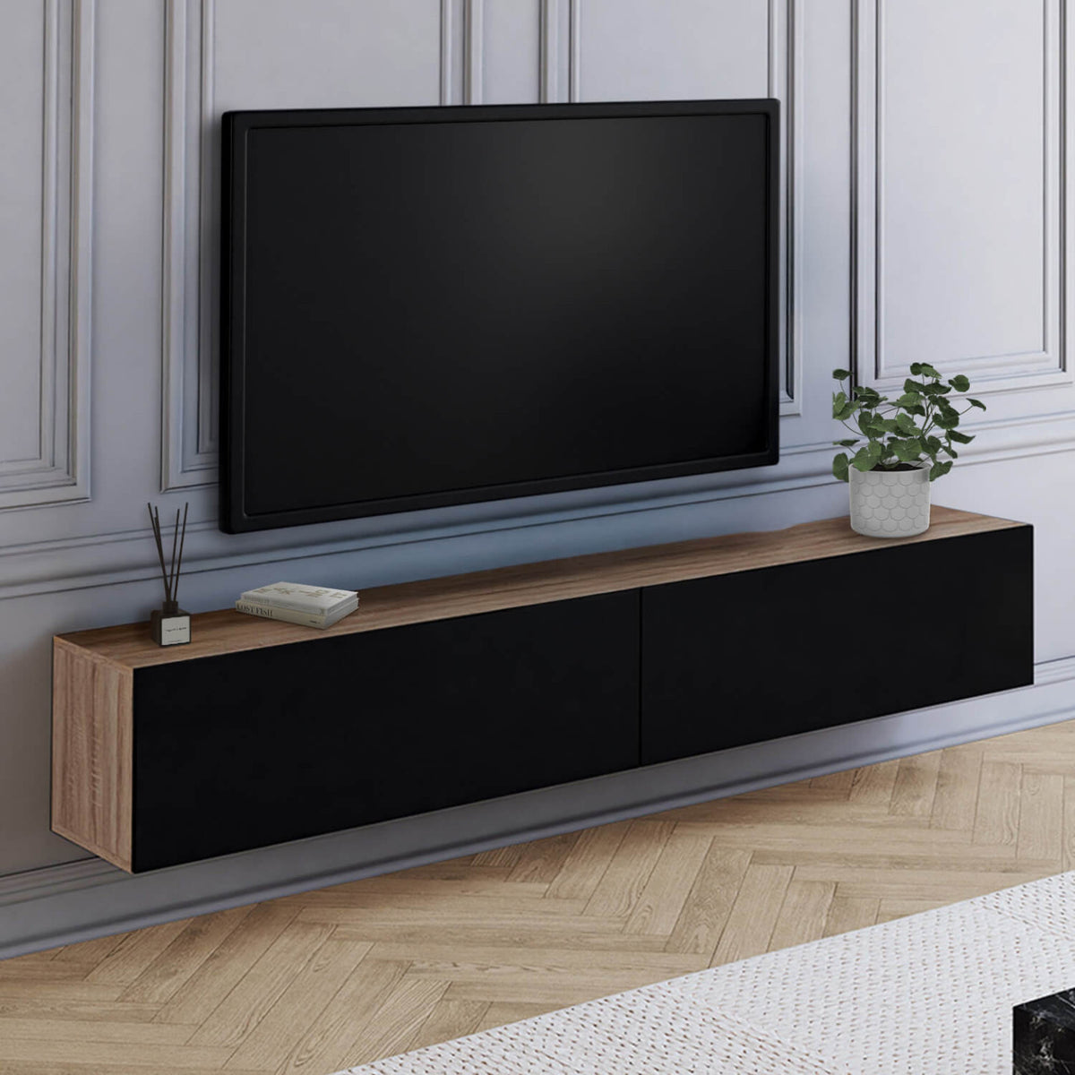 Meuble TV 180 cm suspendu ELIO 2 portes bois et noir