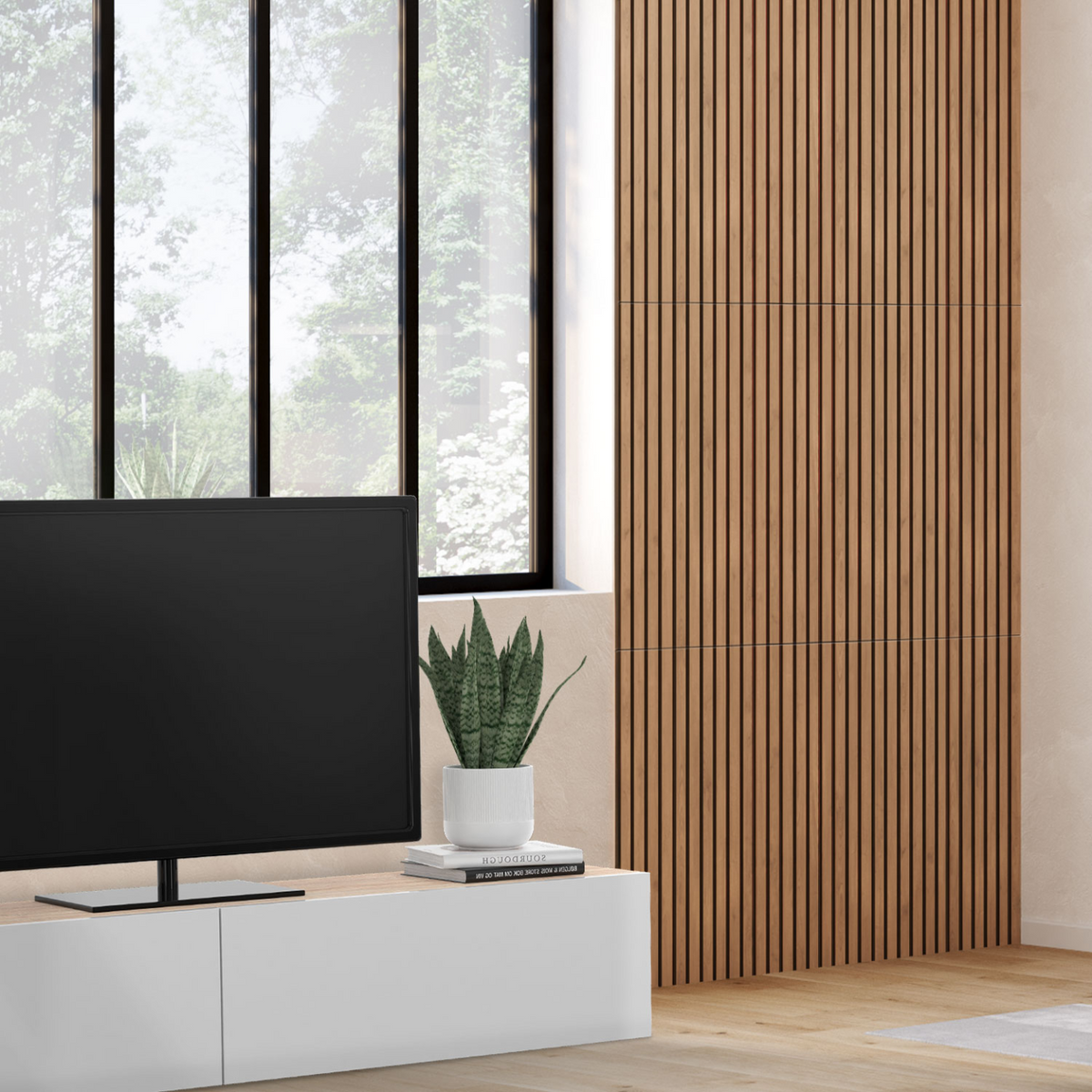 Panneaux acoustiques en tasseaux de bois 240 x 60 cm effet chêne clair et noir