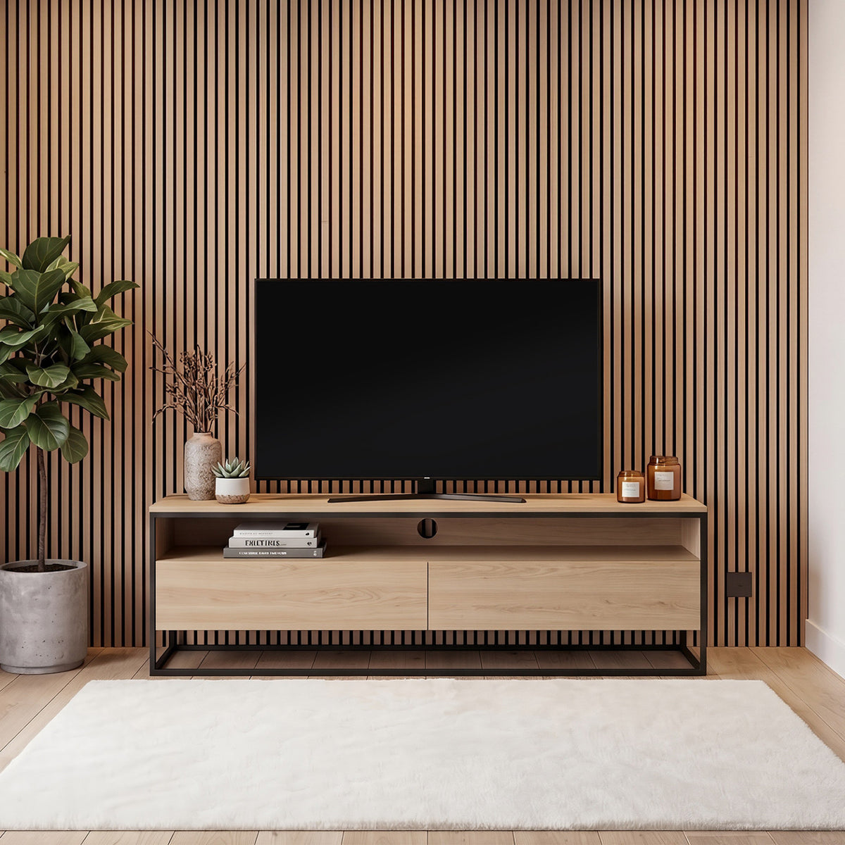 Panneaux acoustiques en tasseaux de bois 240 x 60 cm effet chêne clair et noir