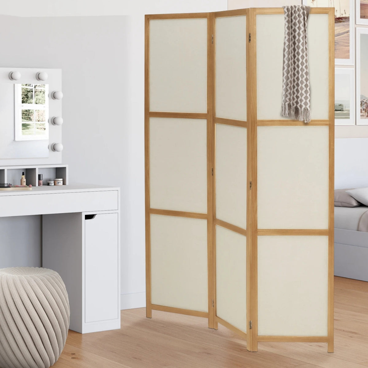 Paravent intérieur bois et tissu beige