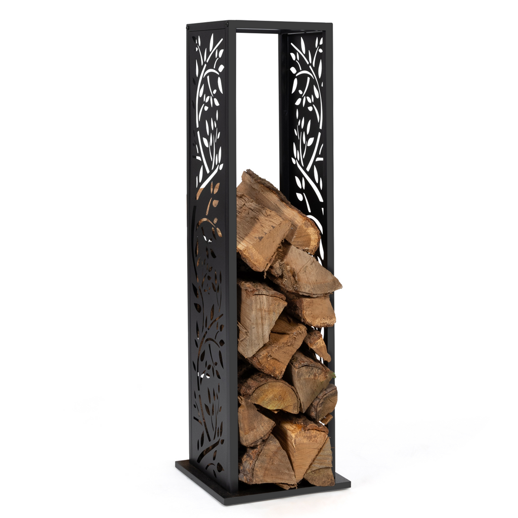 Range bûches vertical acier noir motif arbre H.112 CM pour cheminée