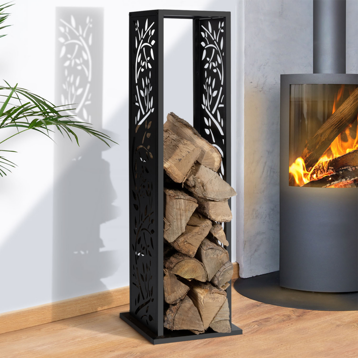 Range bûches vertical acier noir motif arbre H.112 CM pour cheminée