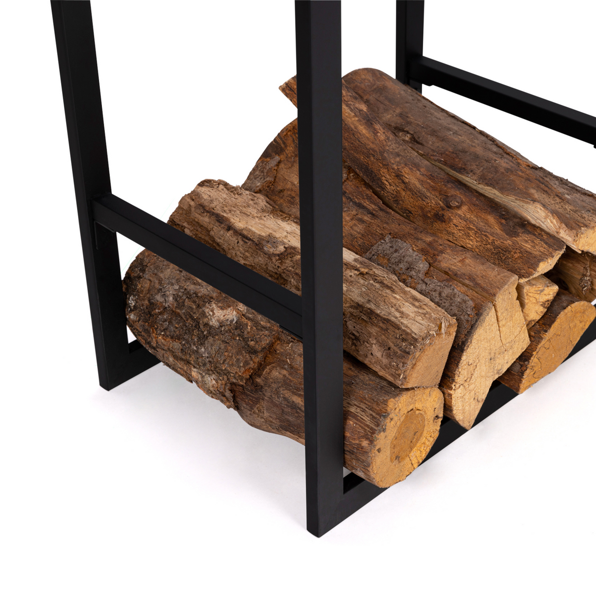Range bûches vertical acier noir avec étagère et accessoires H. 170 CM pour cheminée
