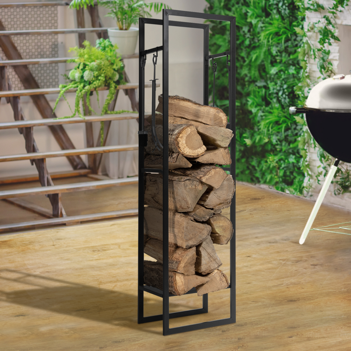 Range bûches vertical acier noir avec étagère et accessoires H. 170 CM pour cheminée