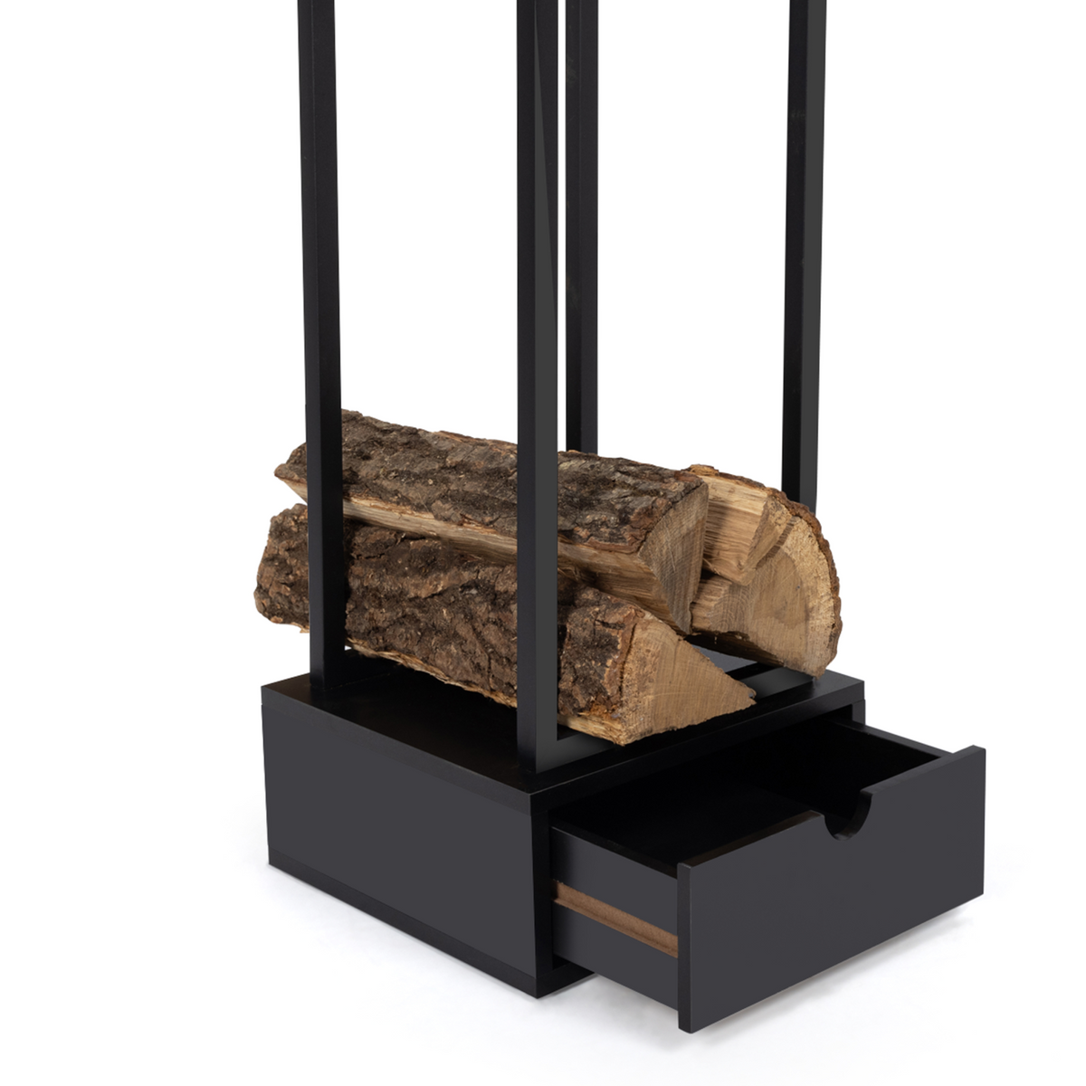 Range bûches vertical acier noir H. 125 CM avec tiroir pour cheminée