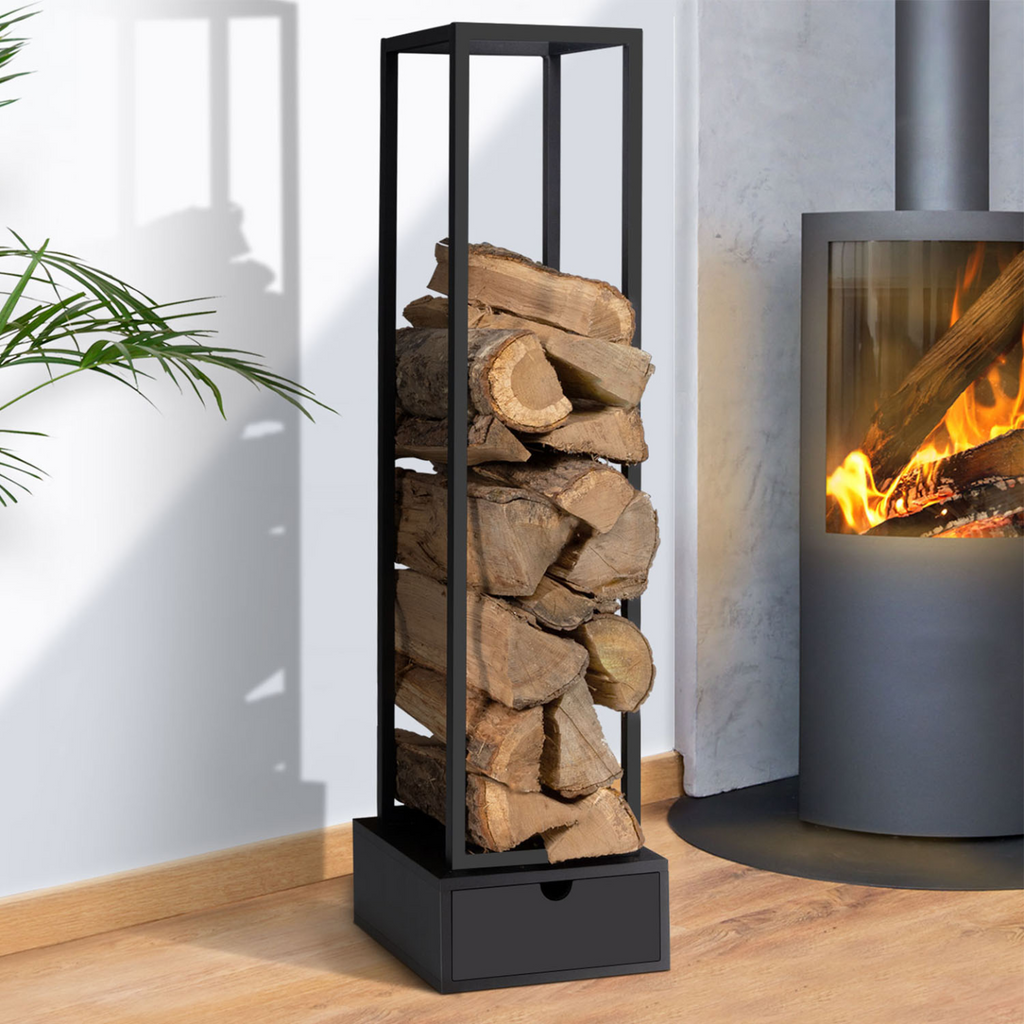 Range bûches vertical acier noir H. 125 CM avec tiroir pour cheminée