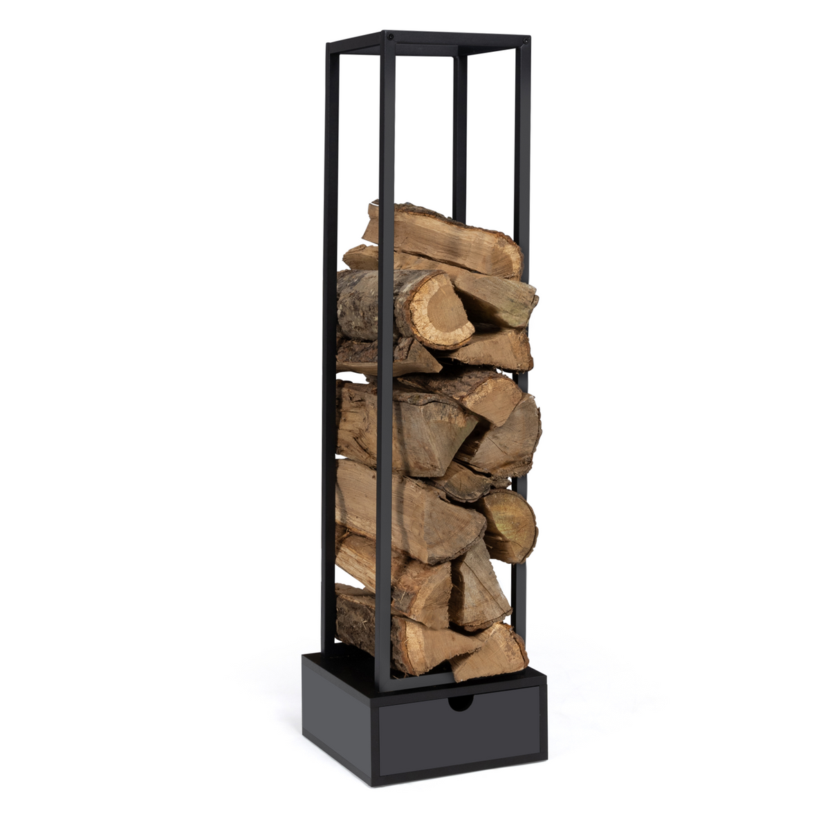 Range bûches vertical acier noir H. 125 CM avec tiroir pour cheminée