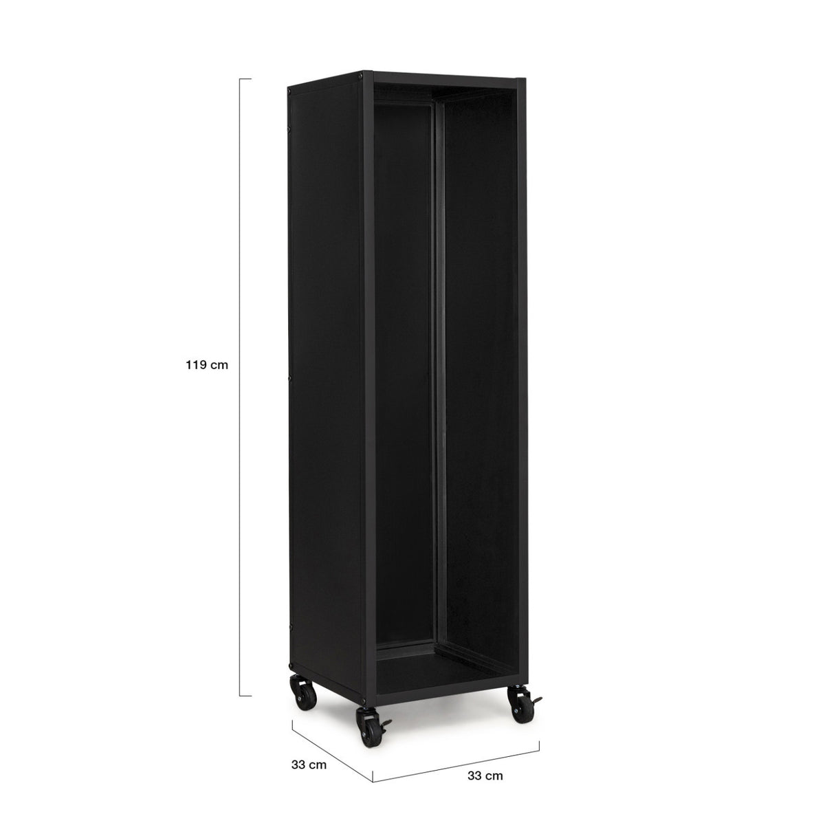Range bûches vertical plein acier noir H. 119 CM pour cheminée avec roulettes
