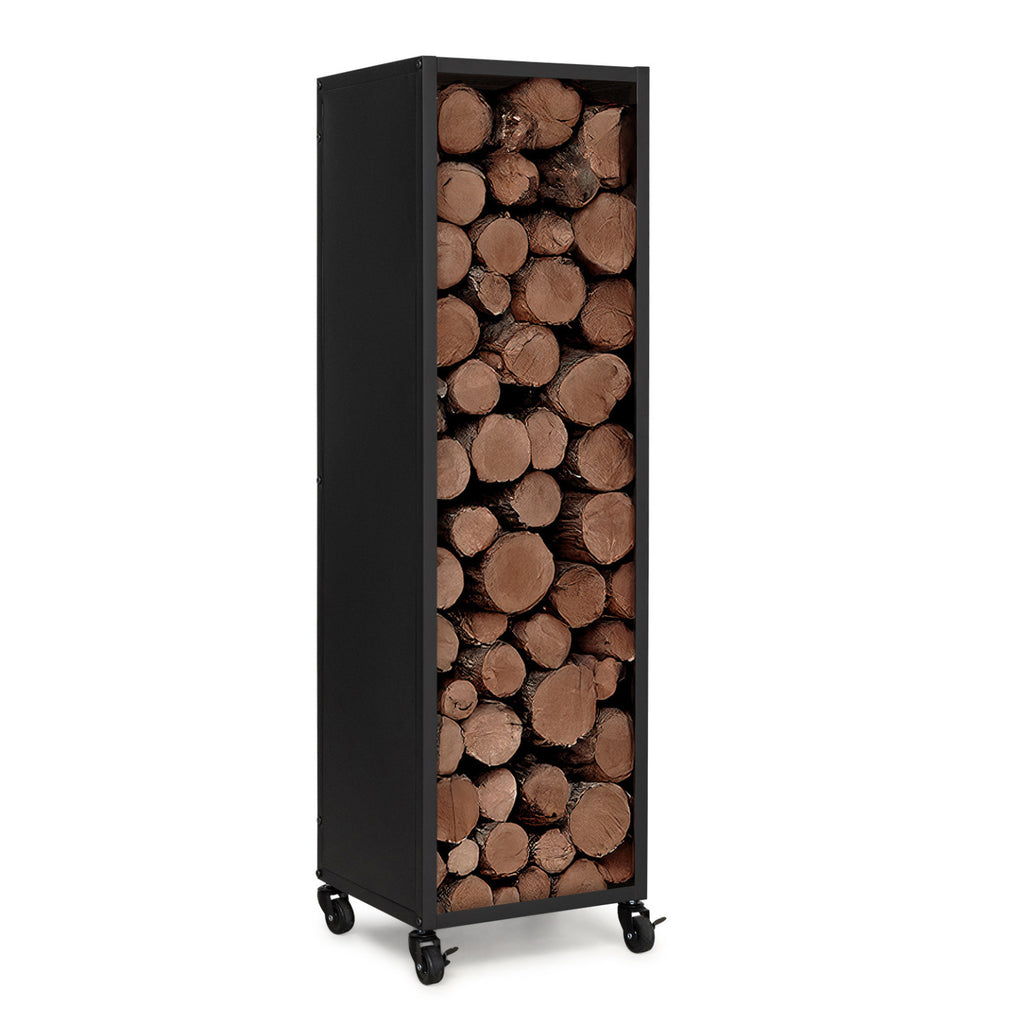 Range bûches vertical plein acier noir H. 119 CM pour cheminée avec roulettes