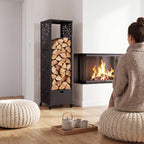 Range bûches vertical plein acier noir motif arbre H. 140 CM pour cheminée avec roulettes et tiroir