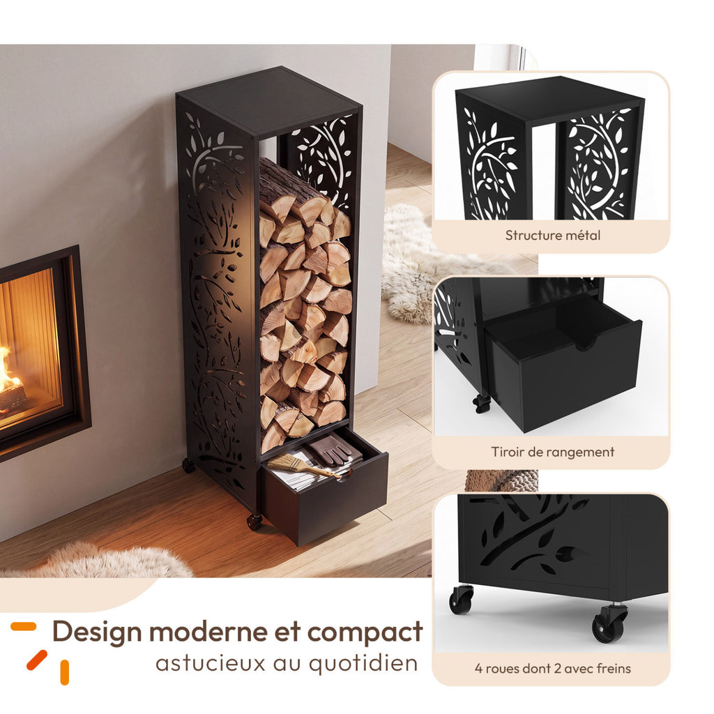 Range bûches vertical plein acier noir motif arbre H. 140 CM pour cheminée avec roulettes et tiroir