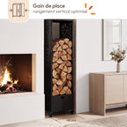 Range bûches vertical plein acier noir motif arbre H. 140 CM pour cheminée avec roulettes et tiroir