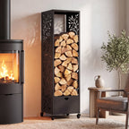 Range bûches vertical plein acier noir motif arbre H. 140 CM pour cheminée avec roulettes et tiroir