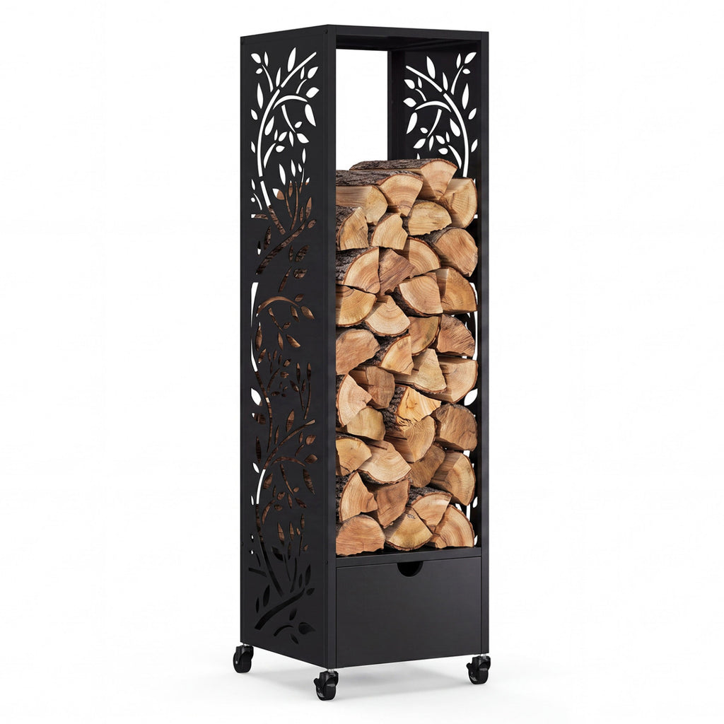 Range bûches vertical plein acier noir motif arbre H. 140 CM pour cheminée avec roulettes et tiroir